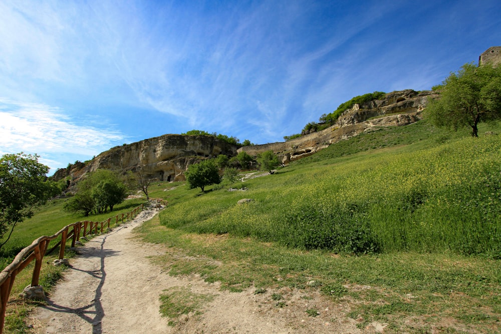 green grass field near mountain under blue sky during daytime