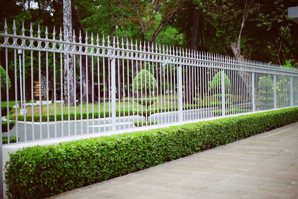 White estate fence along a manicured hedge