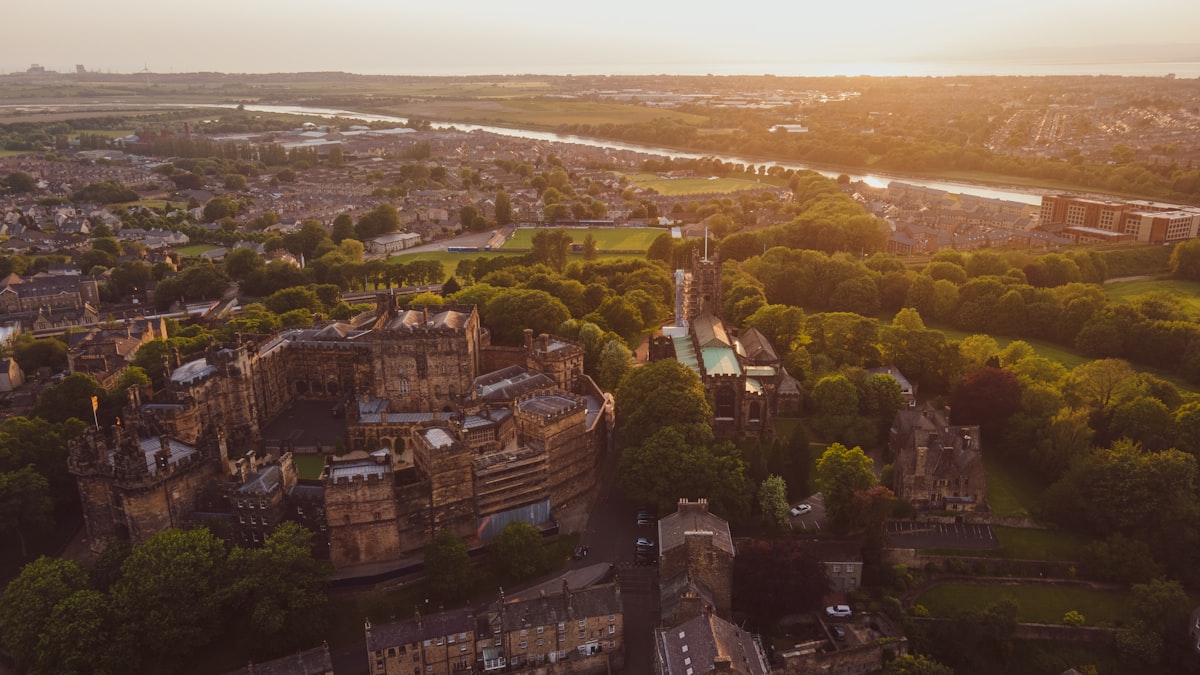 Lancaster Castle and the historic city skyline in Lancaster, Lancashire