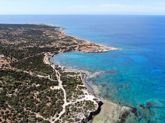 A stunning aerial view of a coastal landscape featuring turquoise waters and a rugged shoreline. The land is covered in patches of green vegetation and open sandy areas, with the vast blue ocean stretching into the horizon.