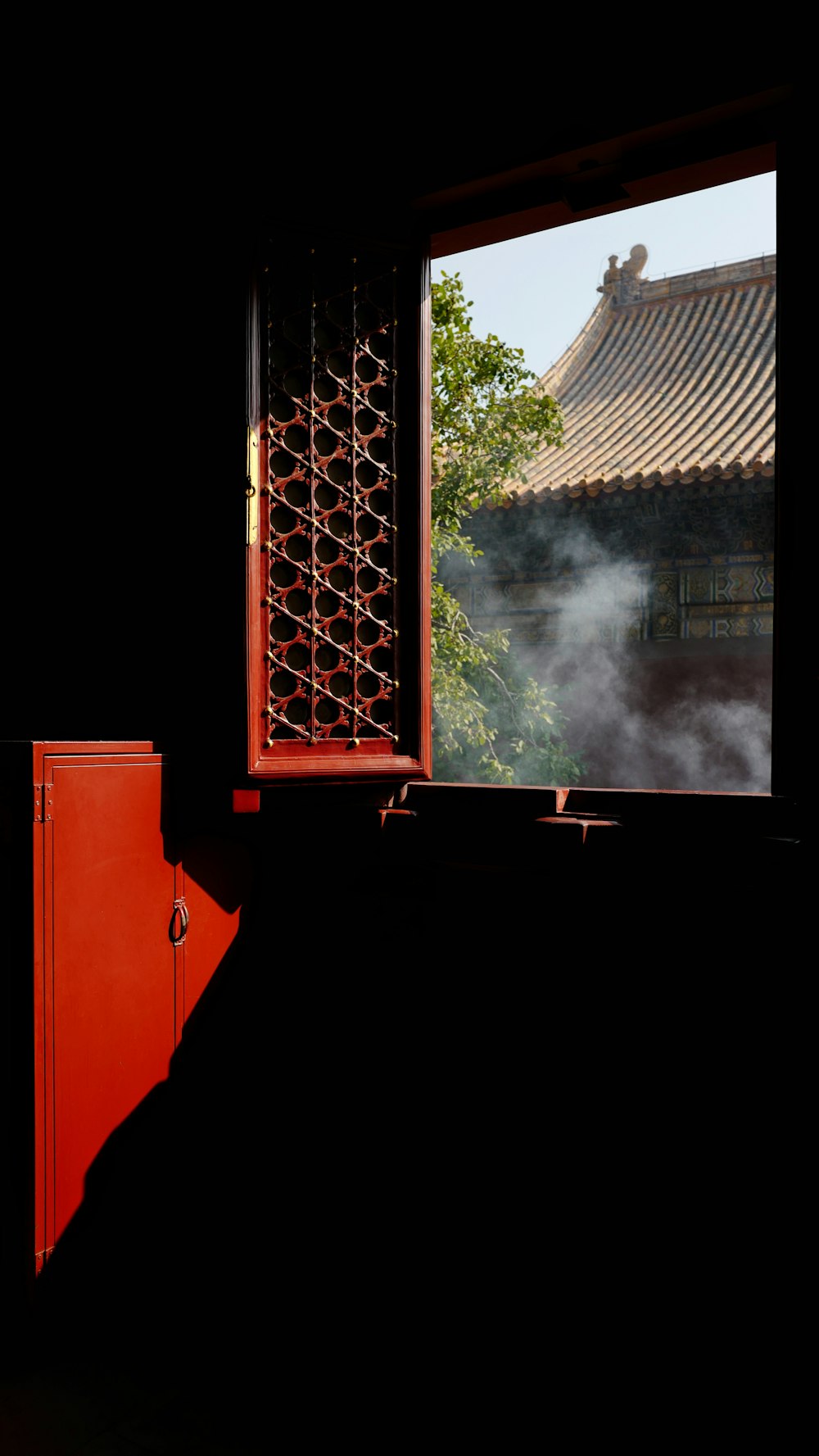 a view of a building through a window