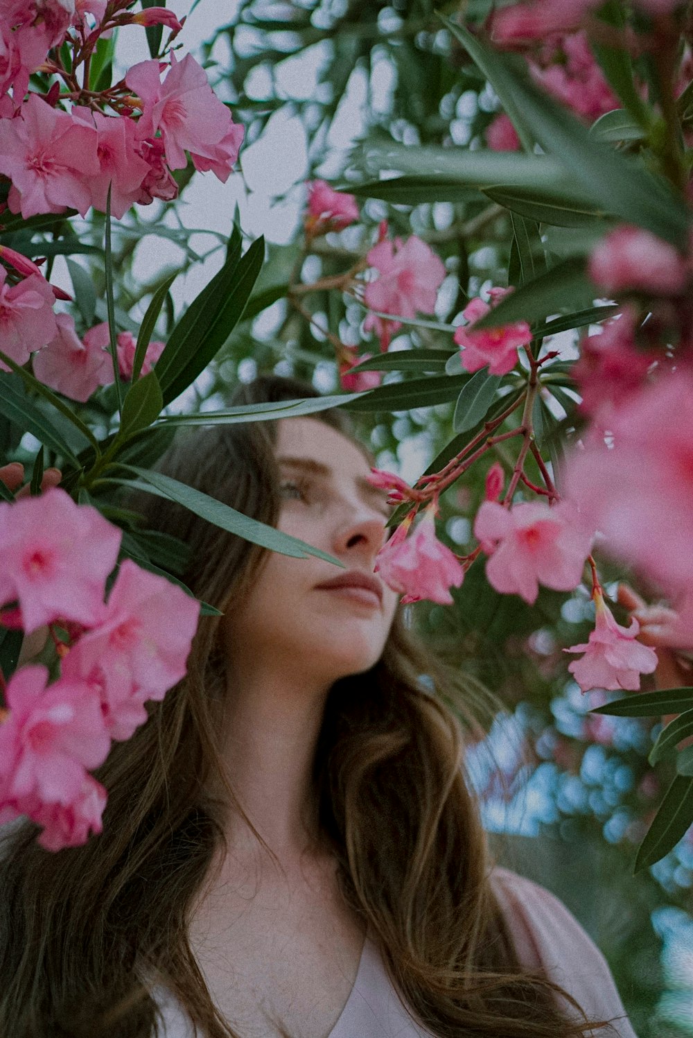 woman in pink shirt holding pink flowers