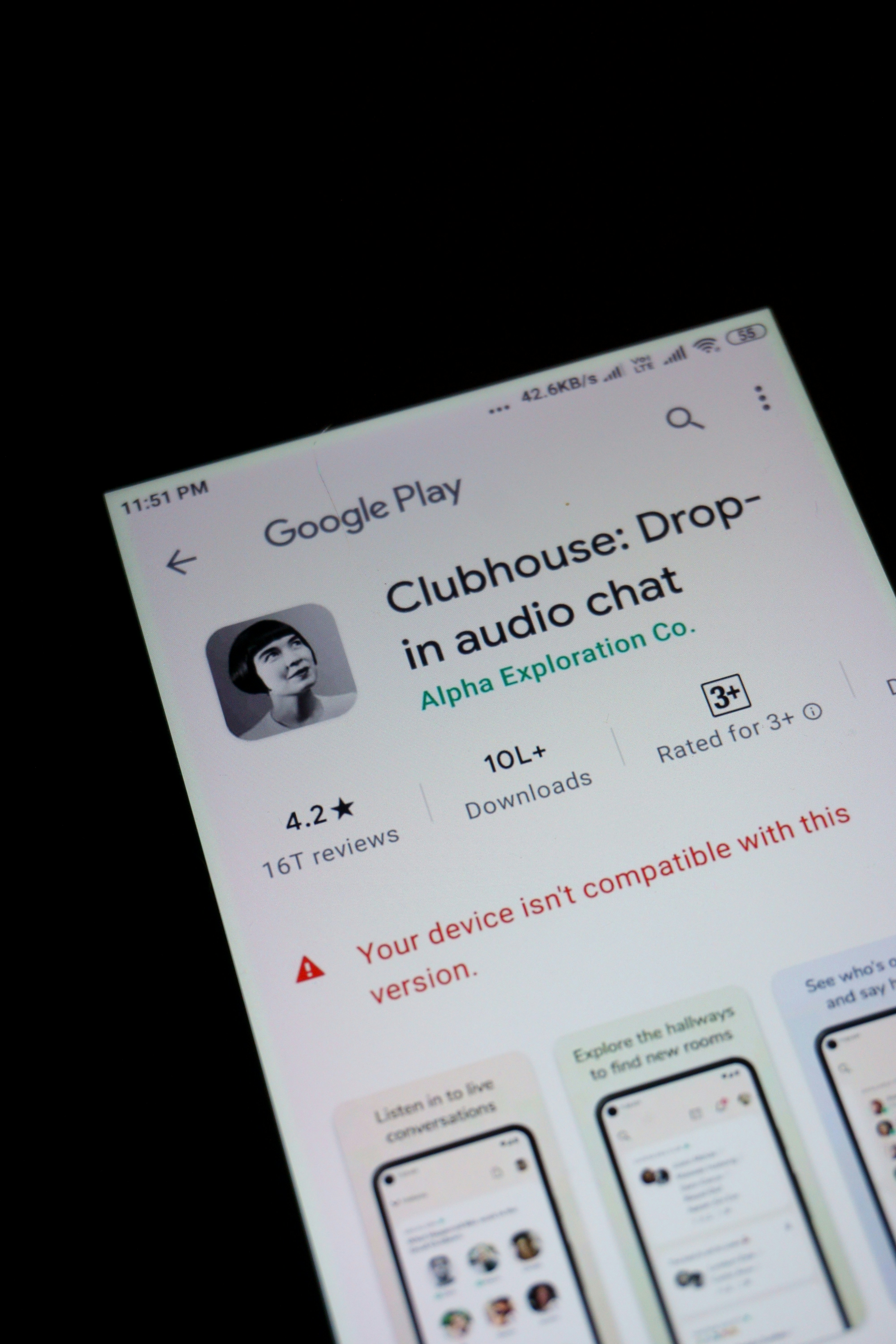 Clubhouse showing incompatible with Android version of a phone.