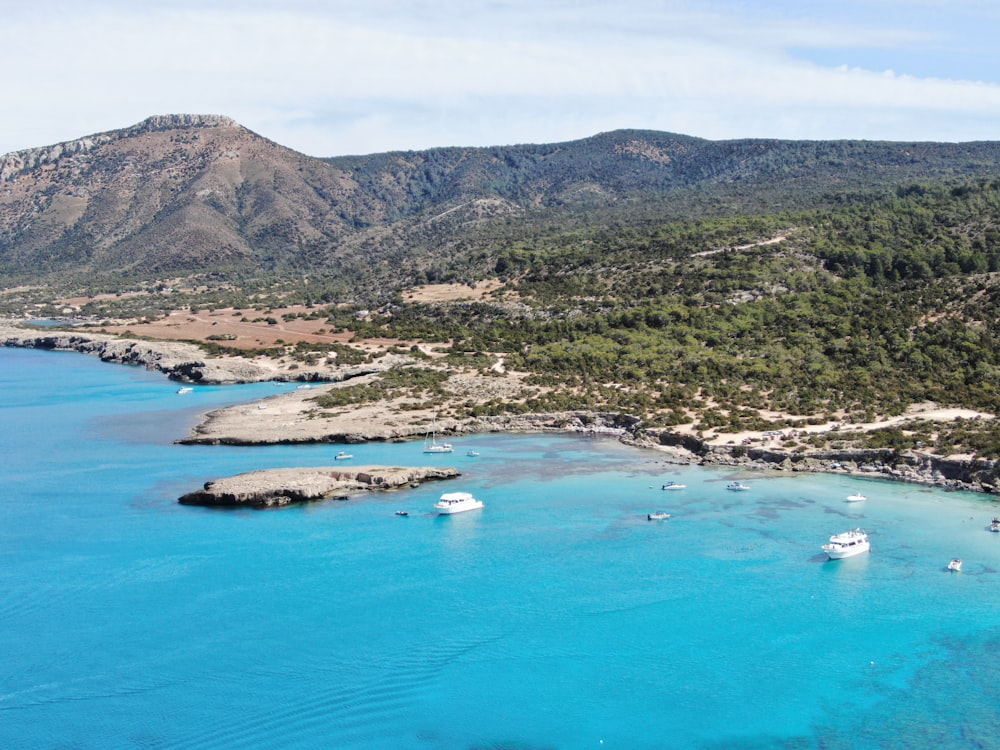 aerial view of green and brown mountains beside blue sea during daytime