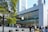 A modern glass-fronted store with a prominent logo on the facade, bustling with people. It features a large tree in the foreground and is set against a backdrop of tall city buildings.
