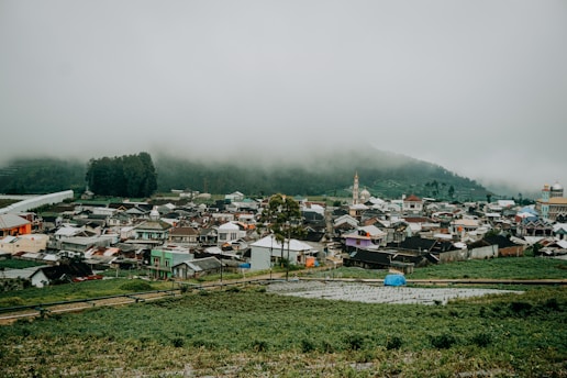 A village with numerous colorful houses nestled in a lush, green valley surrounded by hills. Mist hangs low over the hills, creating a serene and tranquil atmosphere. Various rooftops and a few towers can also be seen amid the dense arrangement of buildings.