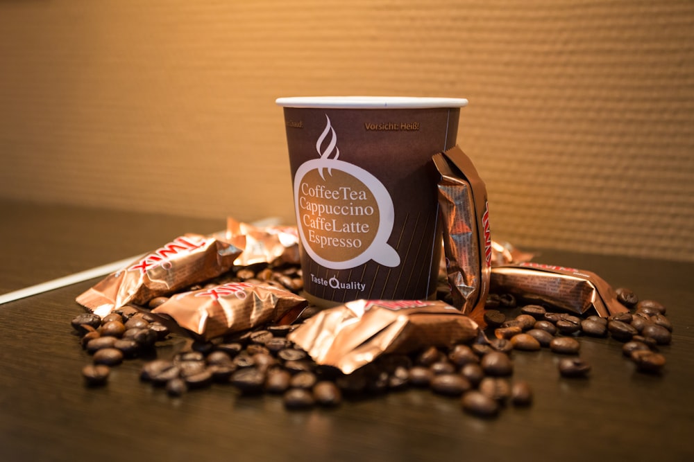brown and white coffee pack