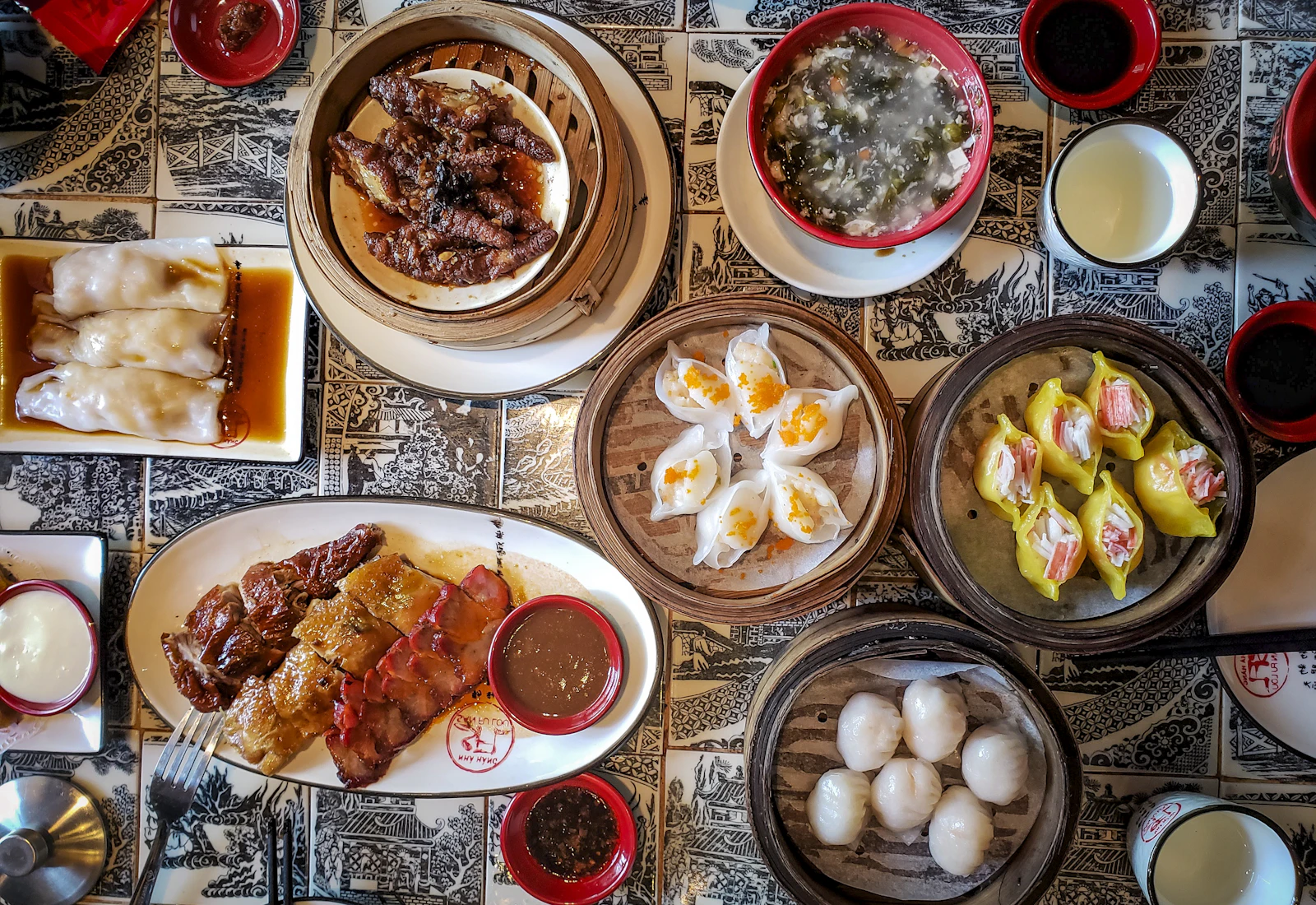 An overhead spread of dim sum at Tong Chiao