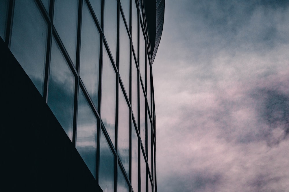 grayscale photo of glass walled building