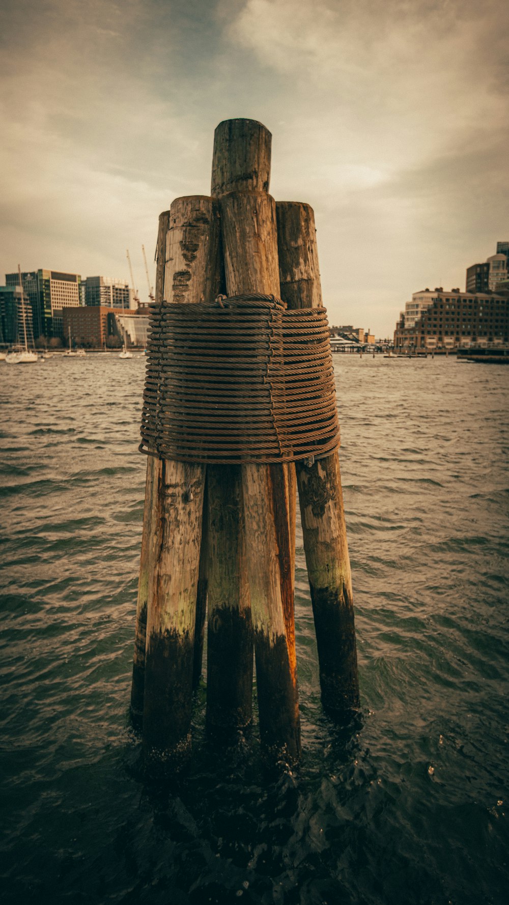 poste de madeira marrom no mar durante o dia