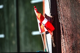 A small red and white flag is attached to a vertical pole with a mesh netting to the right. The flag is slightly tattered and fluttering in a bright, outdoor setting. A dark, blurred background contrasts with the vivid colors of the flag.