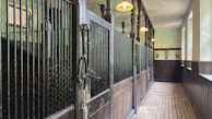 Mary Smith, the boarding manager, checking on horses in the spacious, clean stalls.