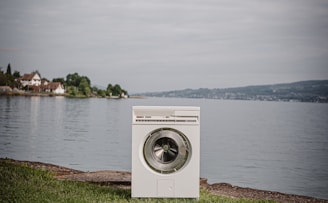 white front load washing machine on green grass field near body of water during daytime