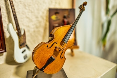 A miniature wooden string instrument is prominently displayed, featuring intricate detailing on its body. Adjacent to it on the left, a white electric guitar is partially visible, standing upright against a textured wall. In the background, out-of-focus elements, including a blurred picture on the wall, add depth to the setting.