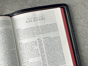 An open Bible lies on a gray fabric surface, displaying the pages from 'The Letter of Paul to the Galatians'. The text is in a double-column format with chapter headings and verses clearly visible. The edges of the pages are a reddish color, and the book has a black cover with golden detailing along the edge.