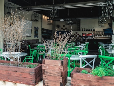 An empty restaurant patio featuring green and white chairs arranged around circular tables. Wooden planters with dry branches are placed in the foreground, and chandeliers hang from the ceiling. The interior is dimly lit, showcasing decorative elements on the walls and shelves with bottles in the background.