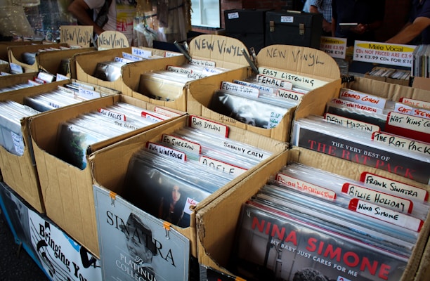 Multiple cardboard boxes filled with vinyl records are organized on tabletops. Each box has handwritten labels indicating categories of music or artists, such as Bob Dylan, The Rat Pack, and Nina Simone. The setting appears to be an indoor market or music fair.