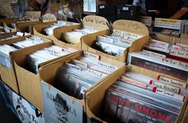 Multiple cardboard boxes filled with vinyl records are organized on tabletops. Each box has handwritten labels indicating categories of music or artists, such as Bob Dylan, The Rat Pack, and Nina Simone. The setting appears to be an indoor market or music fair.