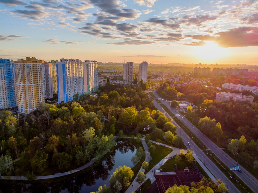 Árboles y plantas verdes cerca de los edificios de la ciudad durante la puesta de sol