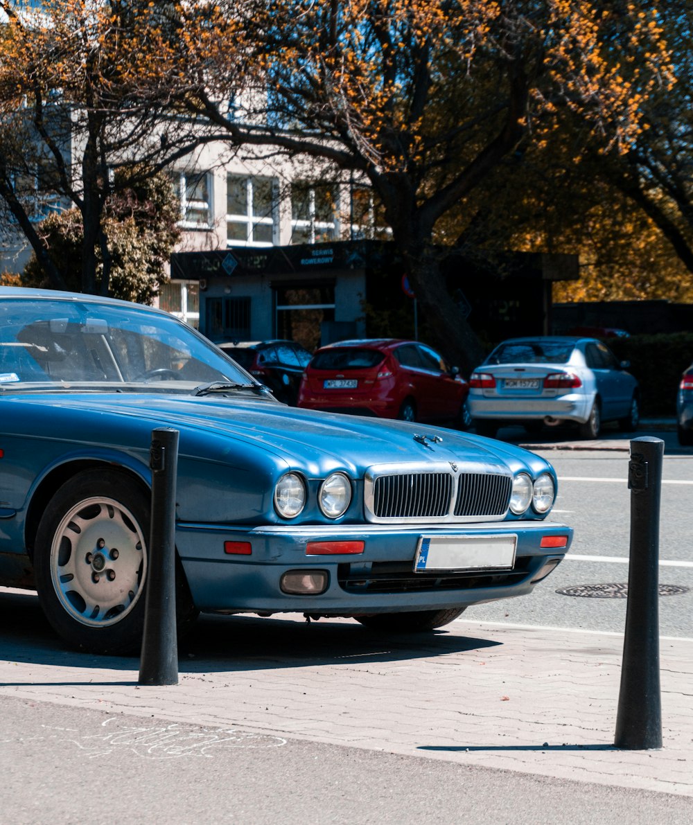 blue bmw car parked near green tree during daytime