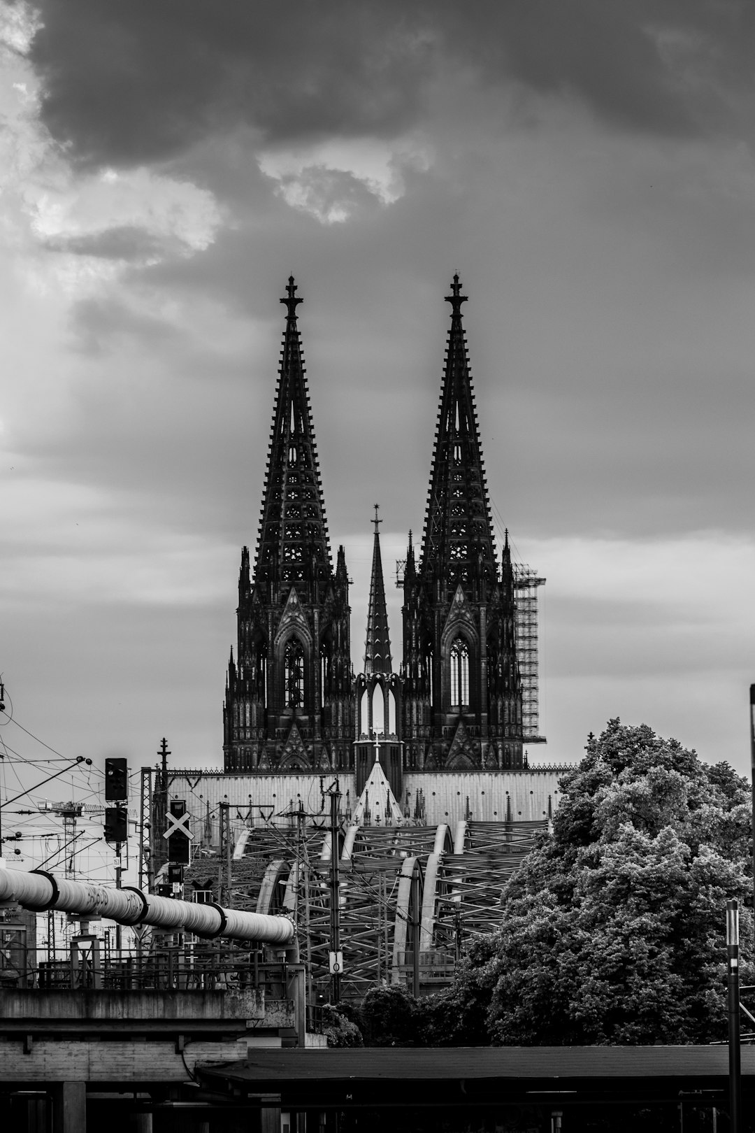 grayscale photo of cathedral near trees