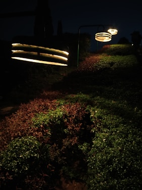 A cozy garden illuminated by various solar lights including spotlights, chandeliers, and wall lights during twilight.