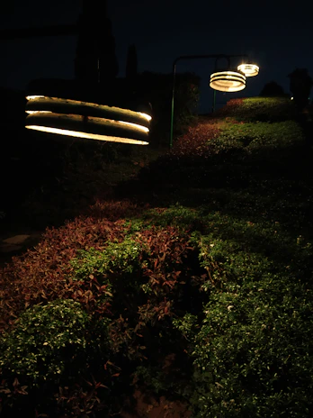 A row of solar-powered path lights casting a gentle glow along a winding garden path at twilight.