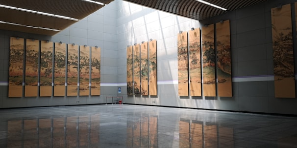 A panoramic view of the museum’s main hall featuring contemporary art pieces.