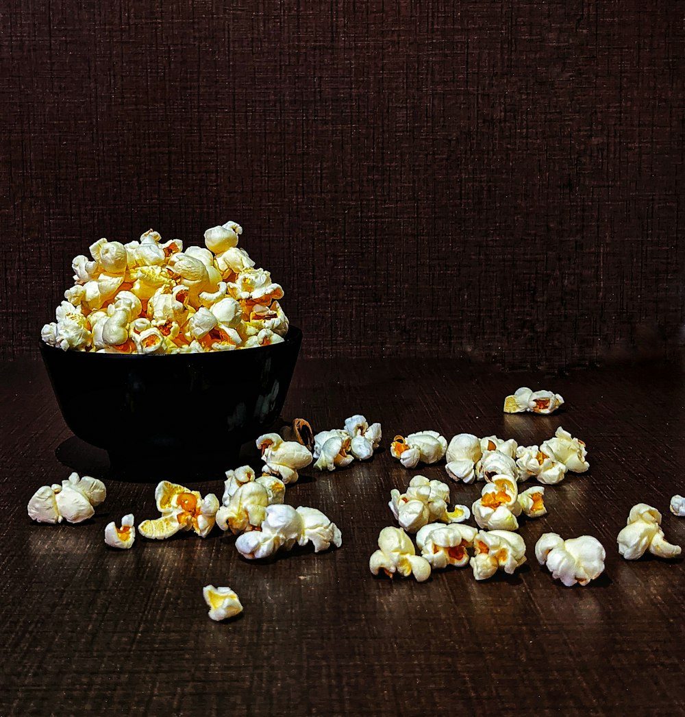 popcorn on black ceramic bowl