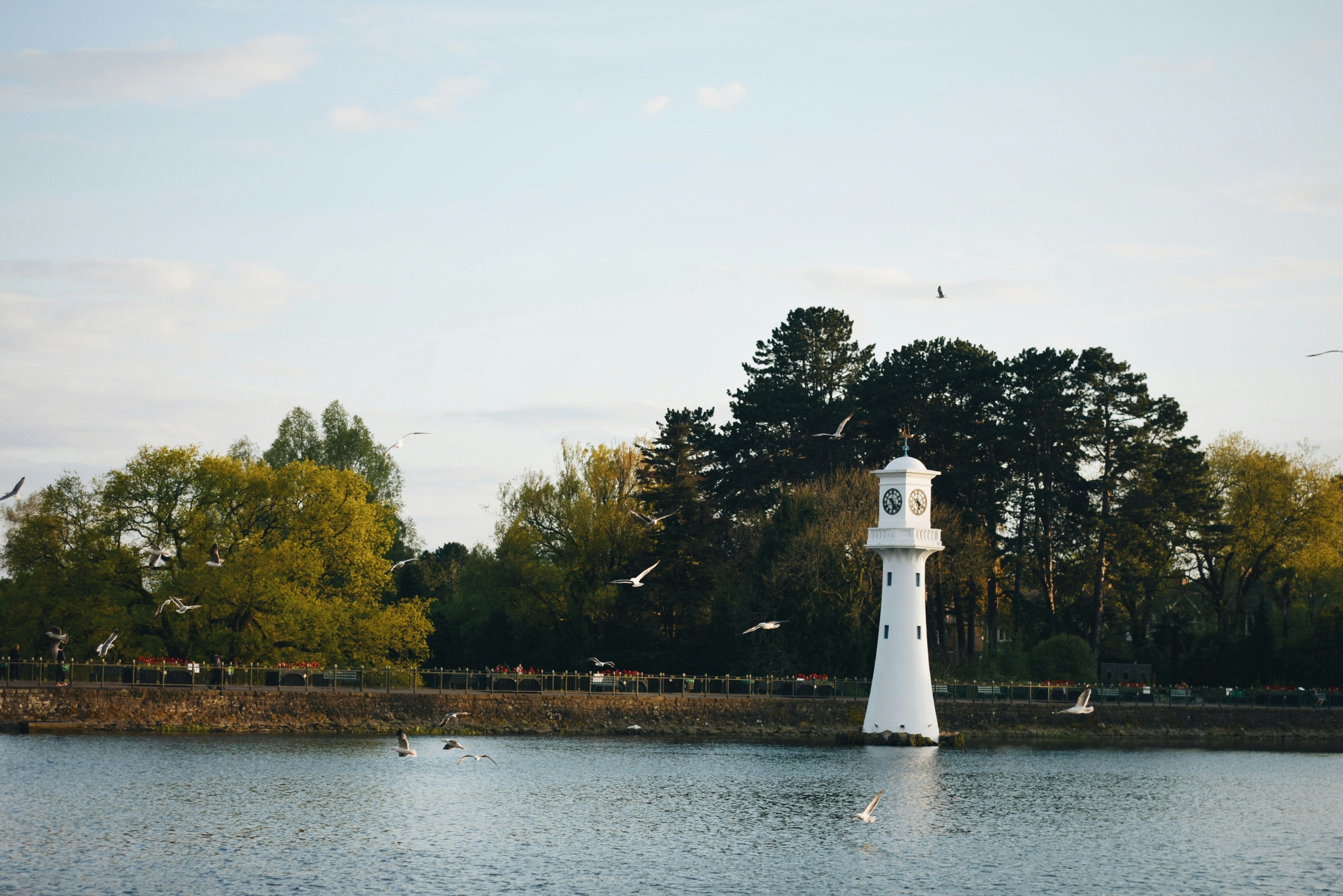 white lighthouse near green trees and body of water during daytime