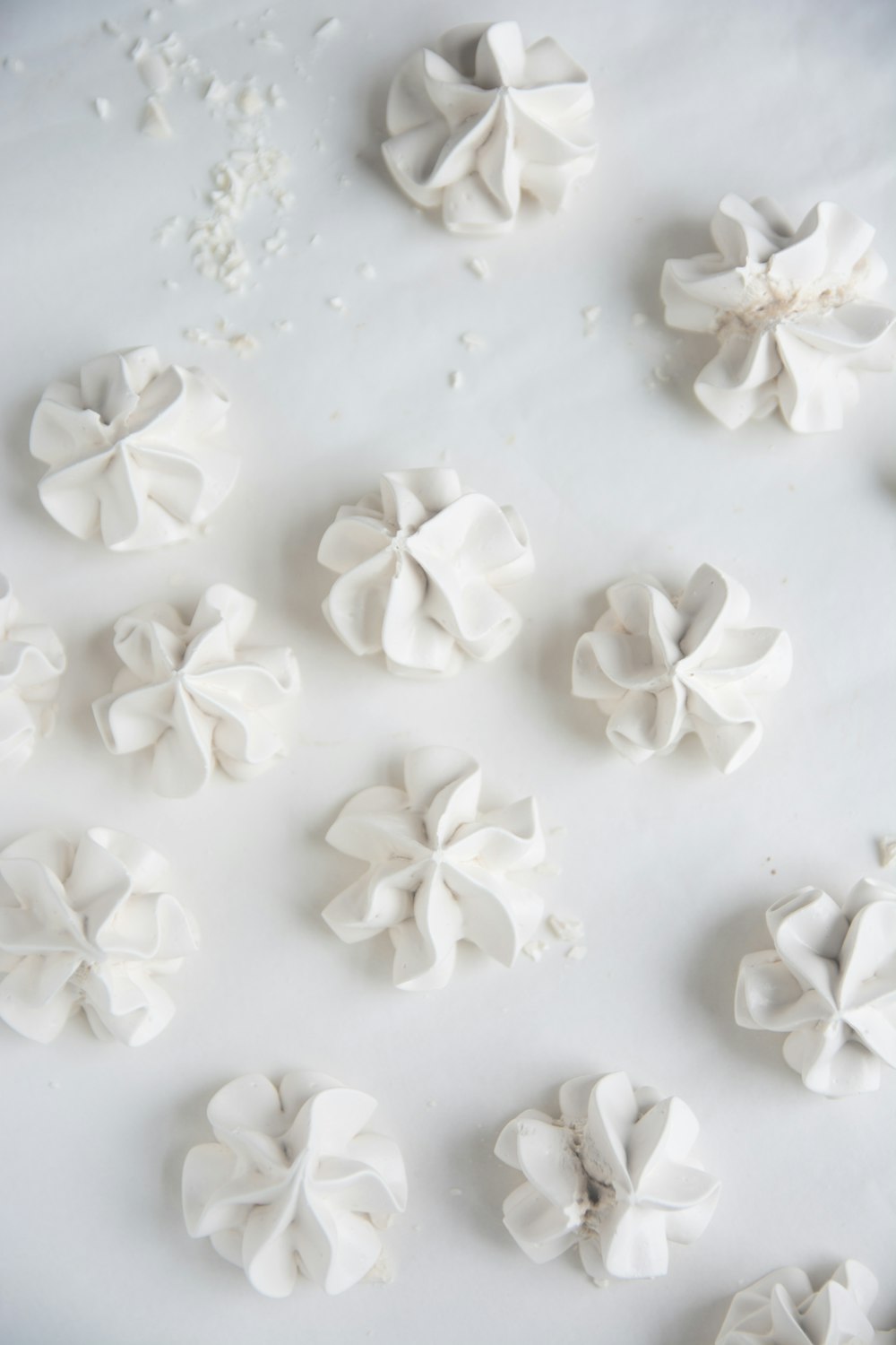 pétalos de flores blancas sobre superficie blanca
