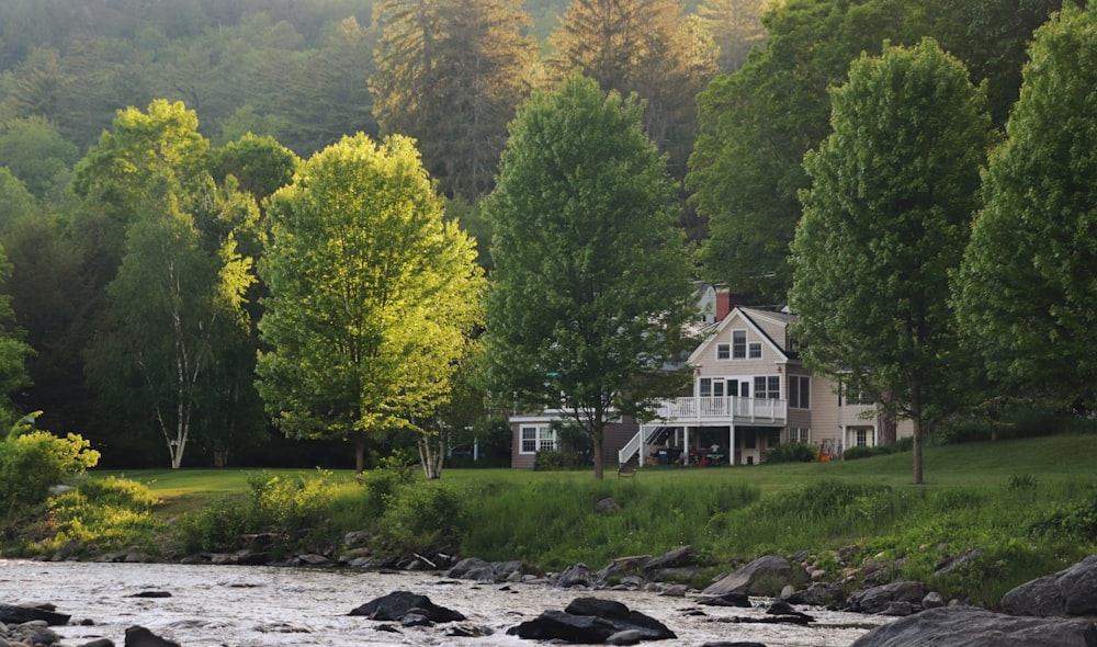 white and brown house near green trees and river during daytime