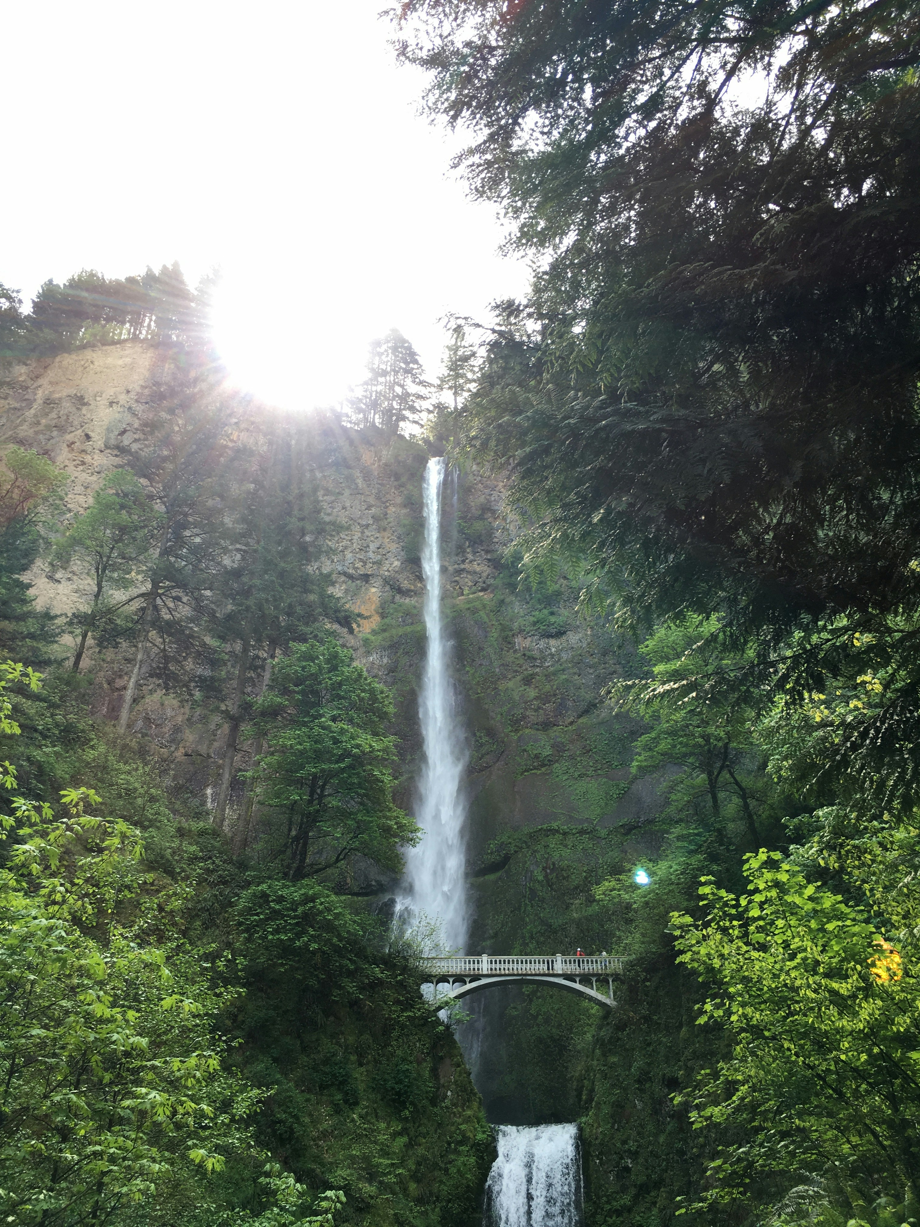 white bridge over waterfalls during daytime