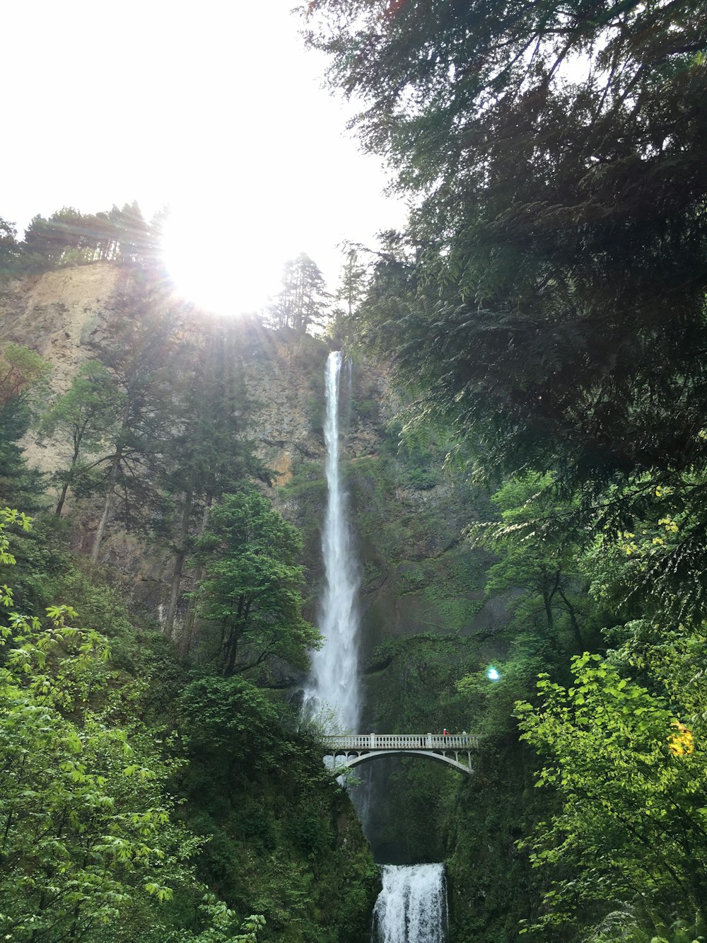 white bridge over waterfalls during daytime