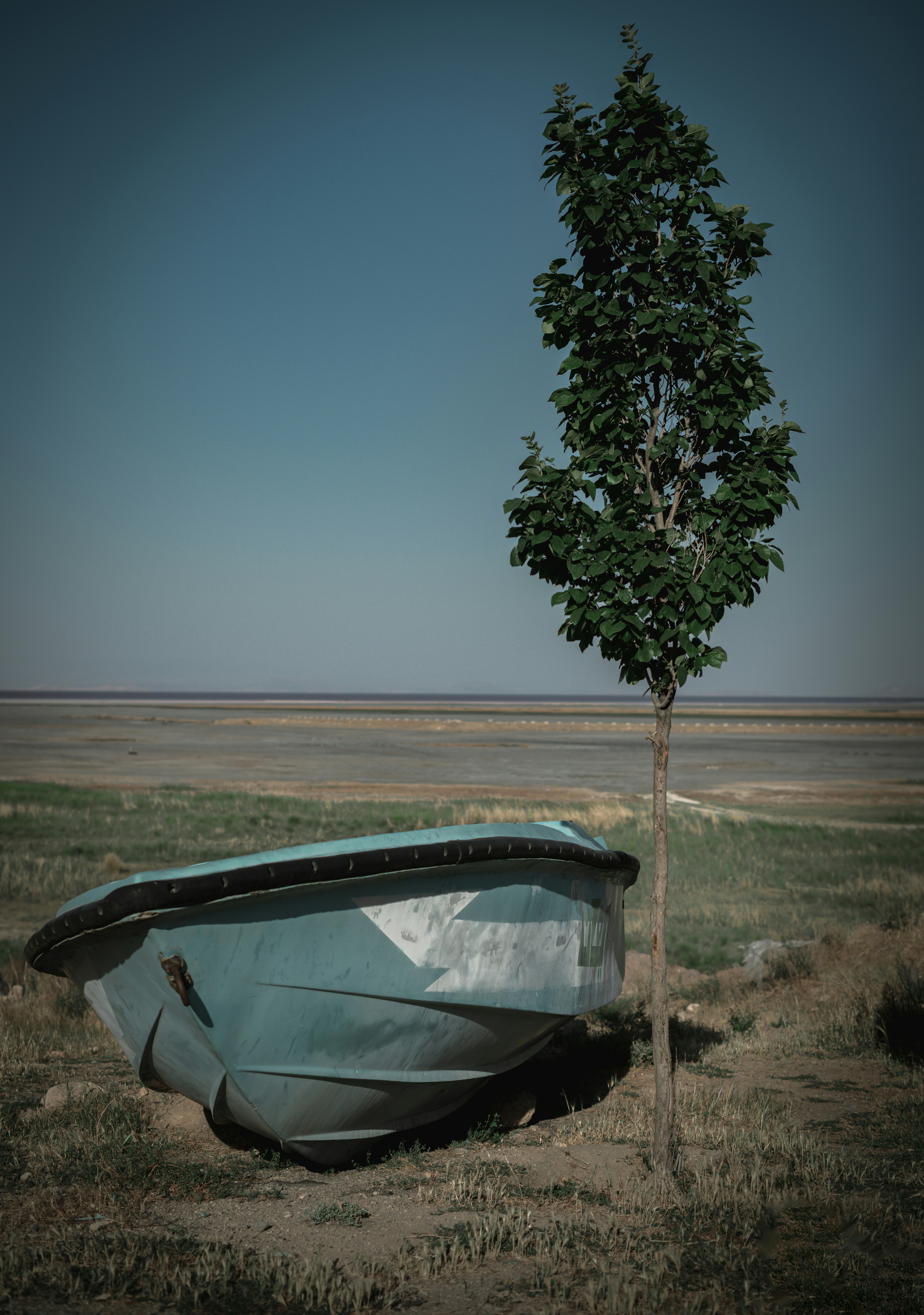 white and blue boat on brown sand near body of water during daytime