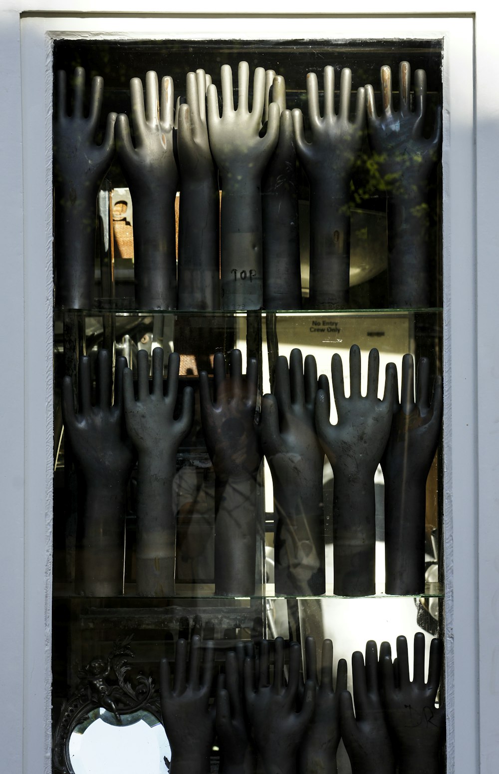 black glass bottles in black wooden shelf