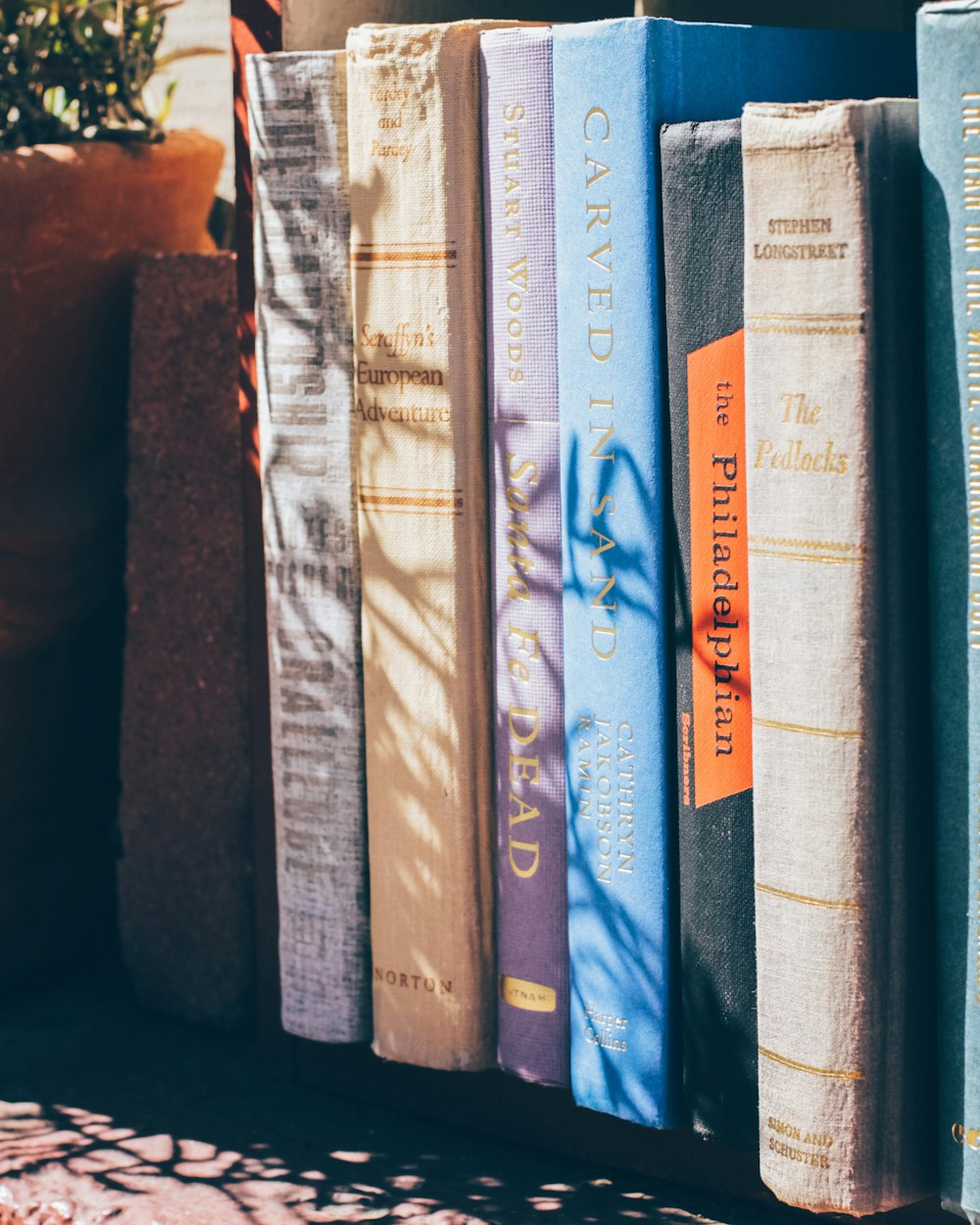 blue and white labeled books