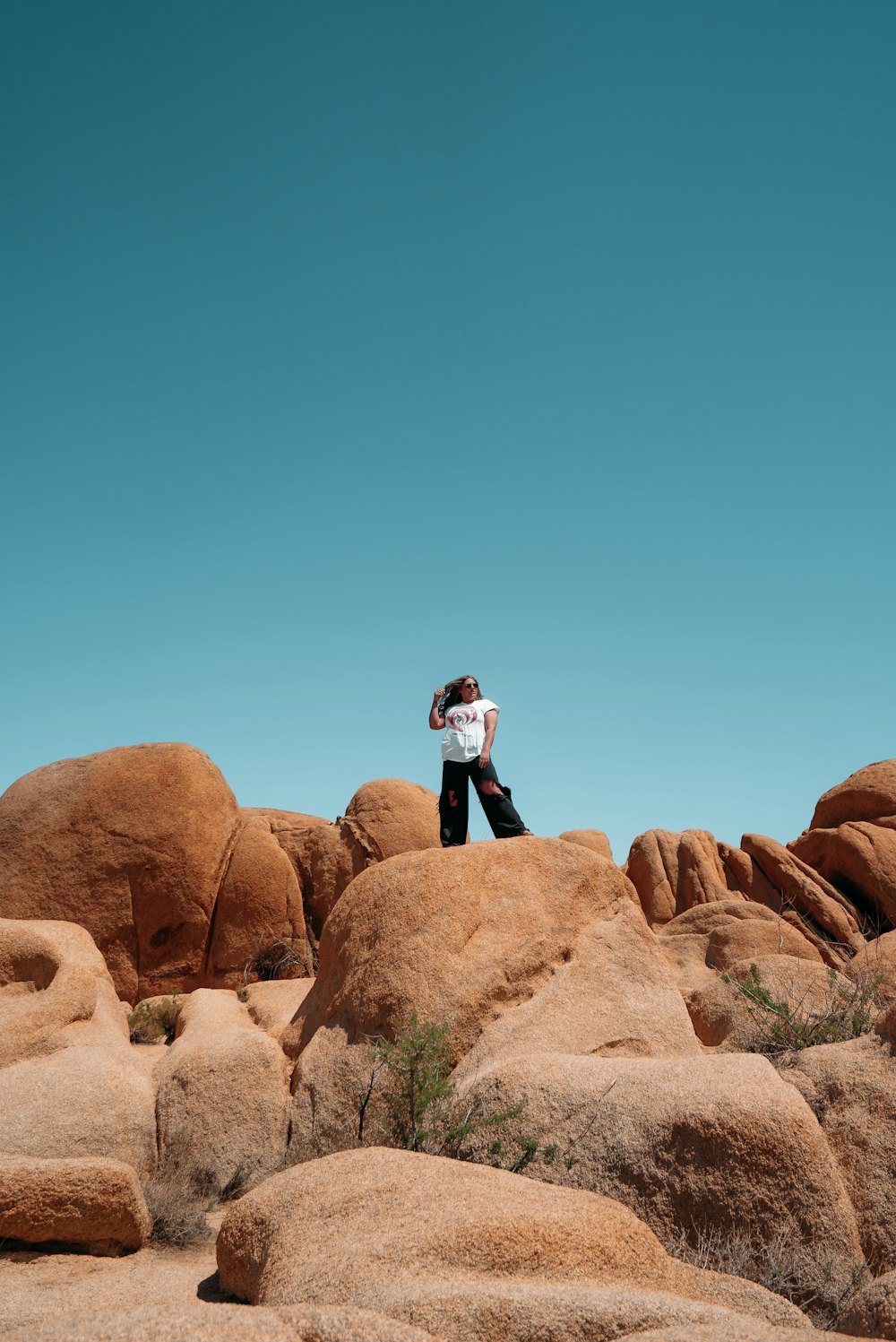 man in white shirt and black shorts standing on brown rock formation during daytime