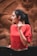 woman in red crew neck shirt