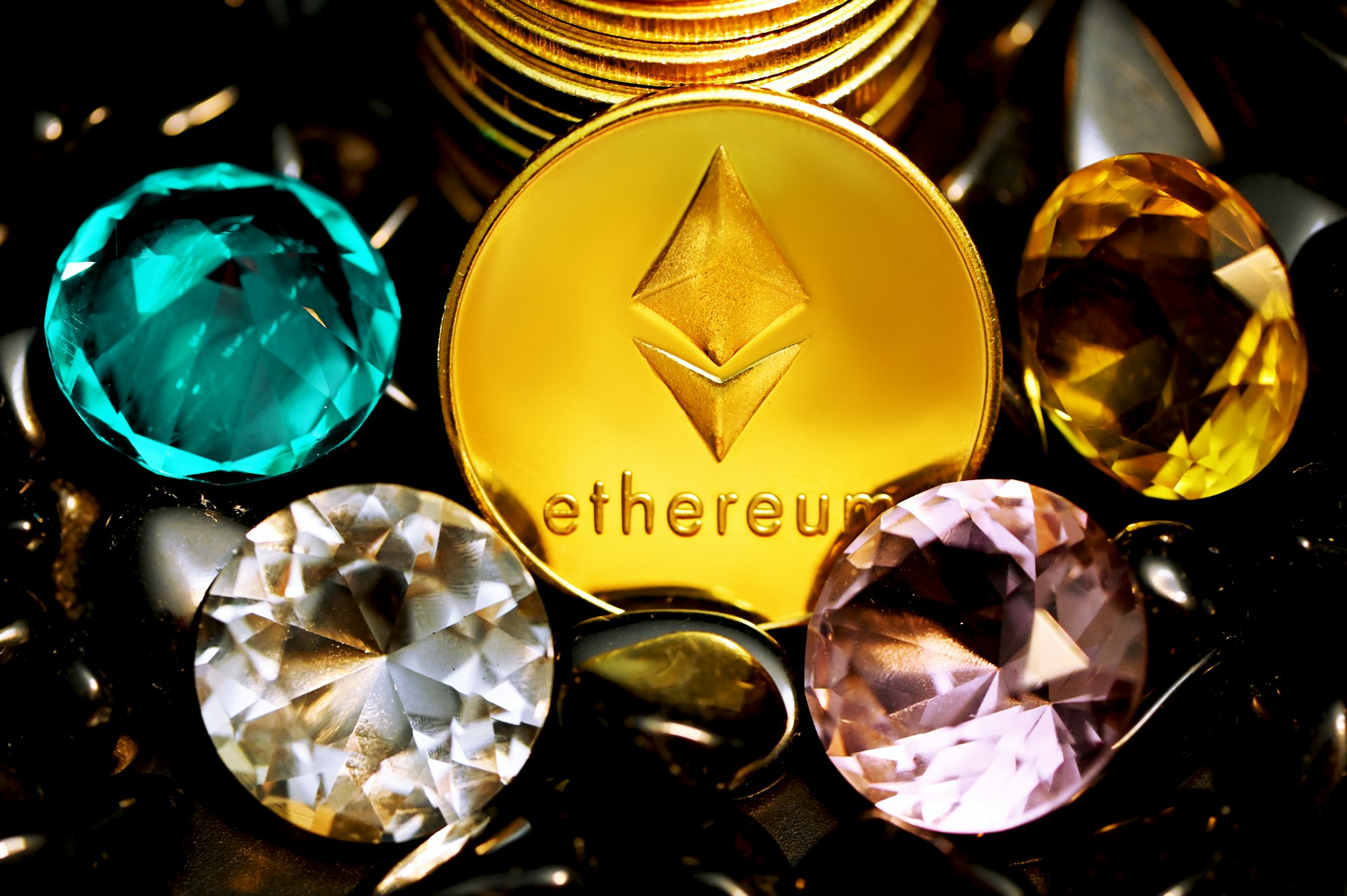 Ethereum coins with colorful diamond crystals and black stones