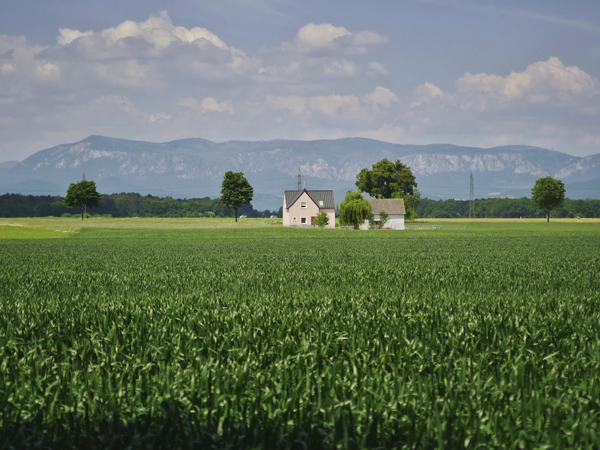 Casa entre campos verdes con montañas al fondo