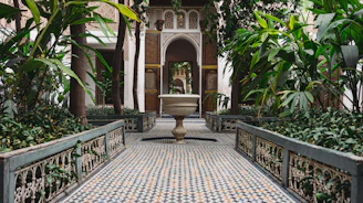 Sunlit courtyard terrace with intricate tilework and lush greenery at Riad La Samira.