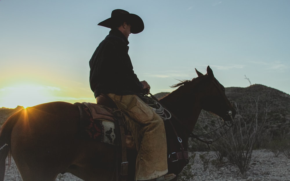 a man riding on the back of a brown horse