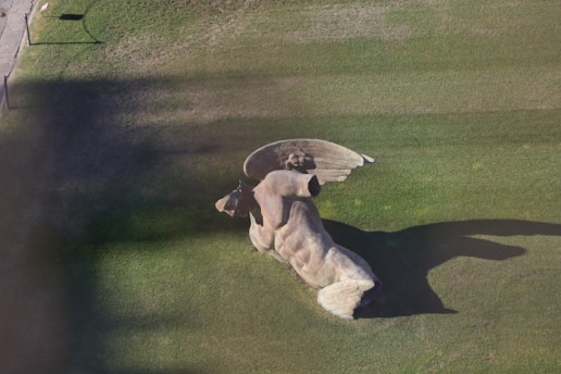 A large sculpture of a winged bull is situated on a grassy area. The bull is positioned in a reclining pose and features prominent wings and a detailed head. Shadows of nearby objects are cast on the grass, adding depth to the scene.
