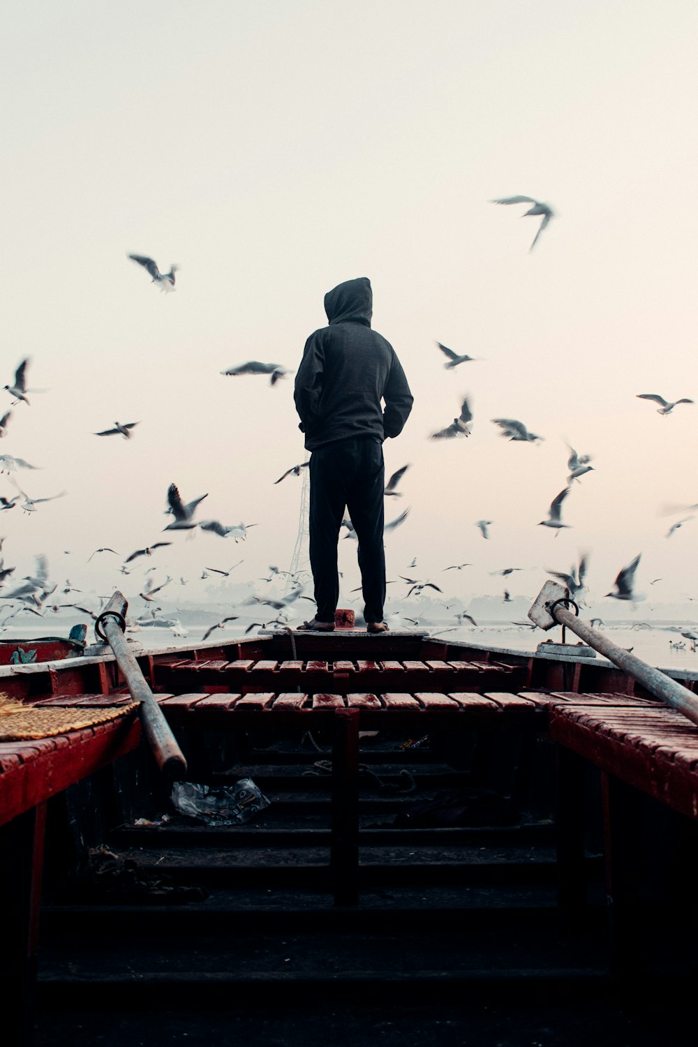 a man standing on top of a boat surrounded by seagulls