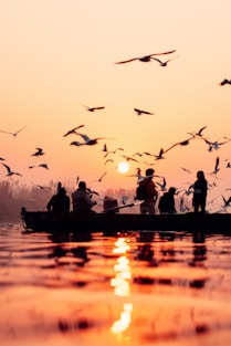 a group of people in a boat with birds flying over them