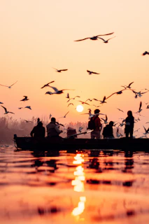 a group of people in a boat with birds flying over them