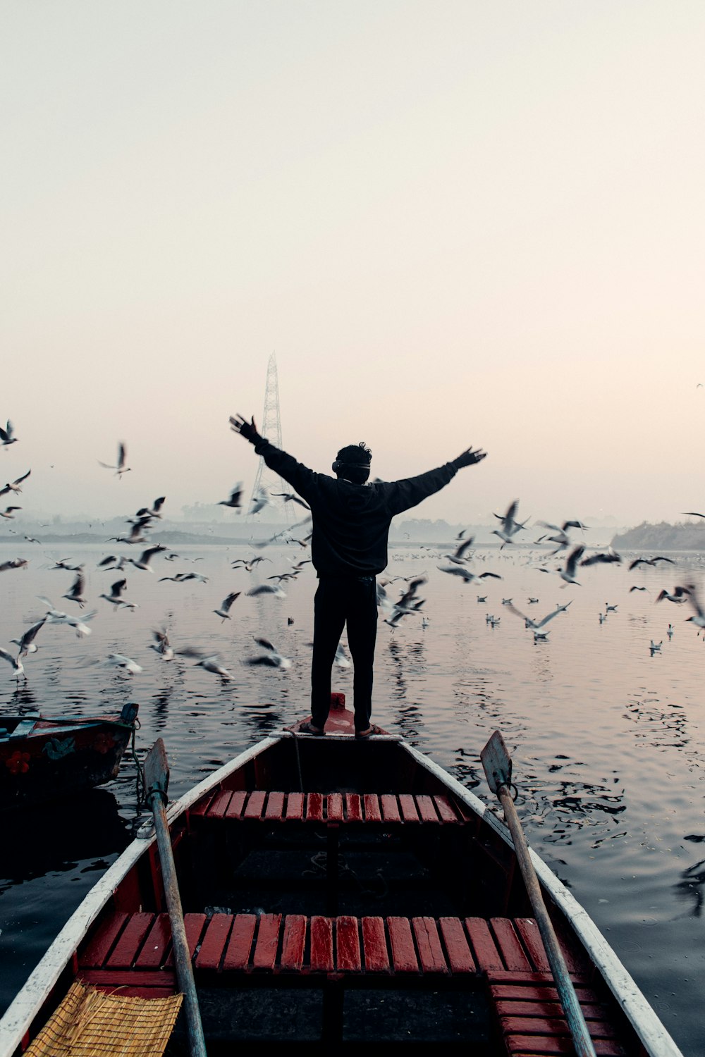 a man standing on the bow of a boat surrounded by seagulls