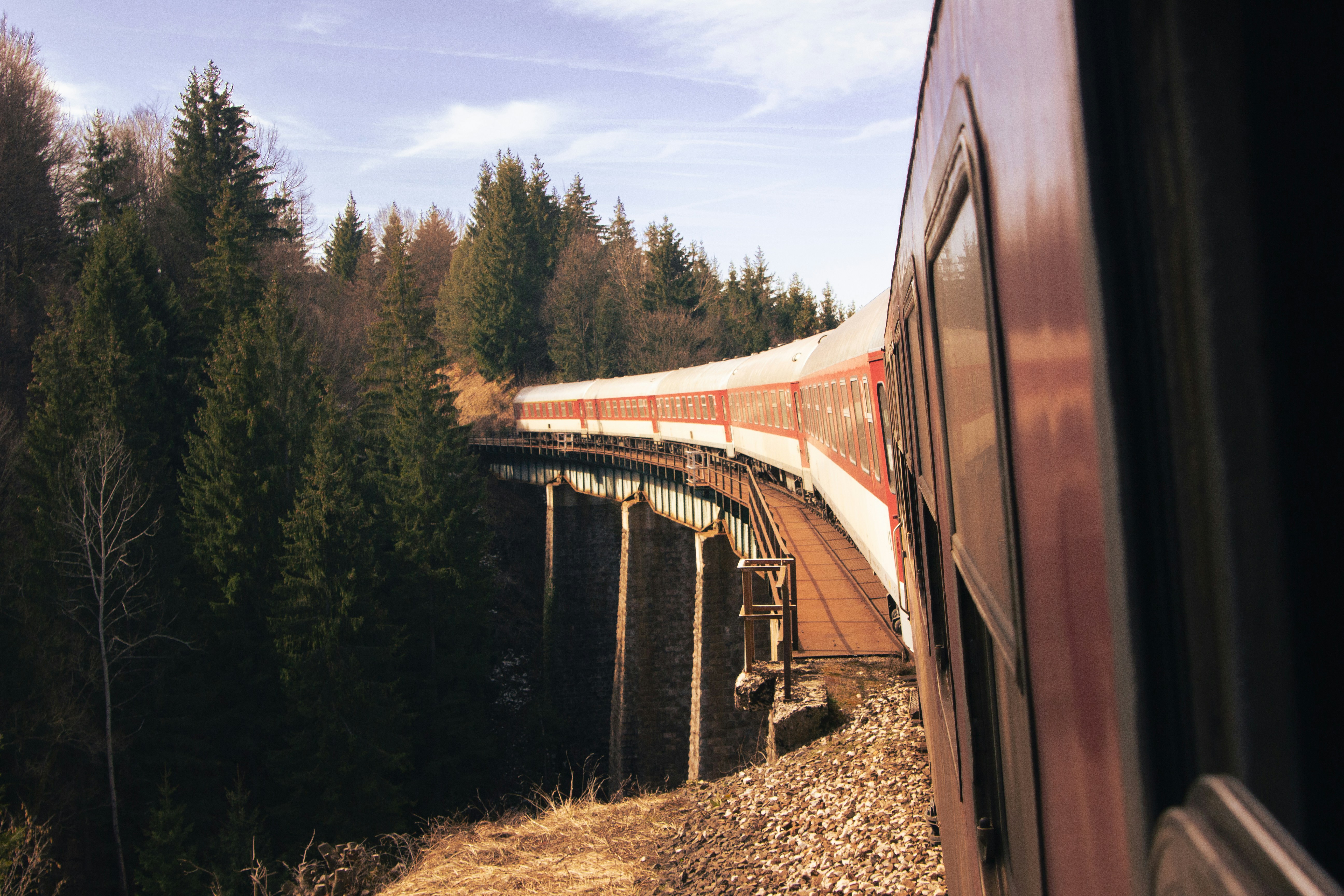 a train traveling over a bridge next to a forest, Train on viaduct in Slovak mountains.