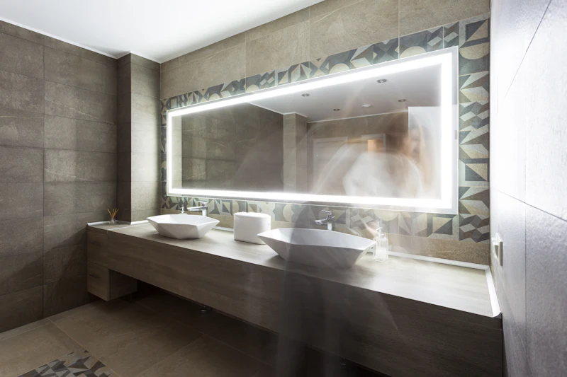 Mueble largo con dos lavamanos y espejo LED